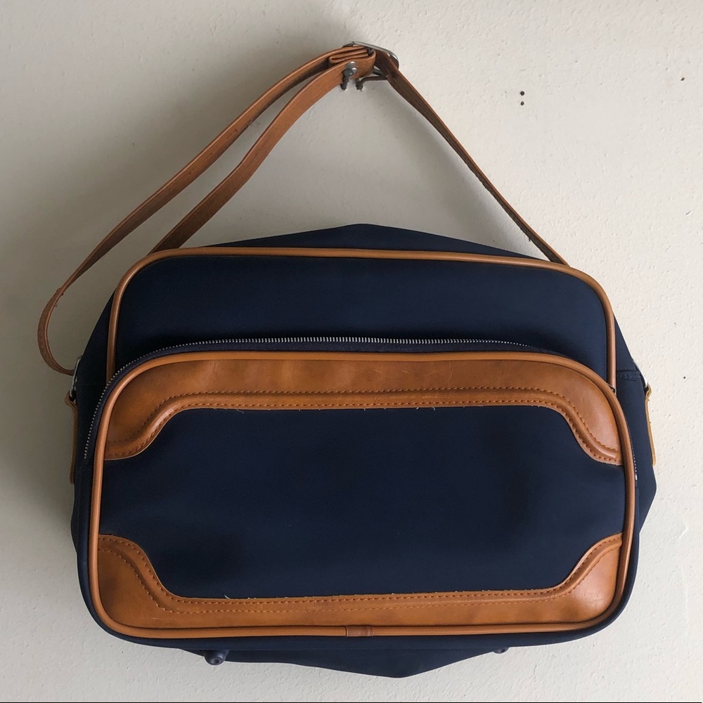 Vintage Navy Blue Nylon & Brown Leather Messenger Bag Satchel Dark Academia